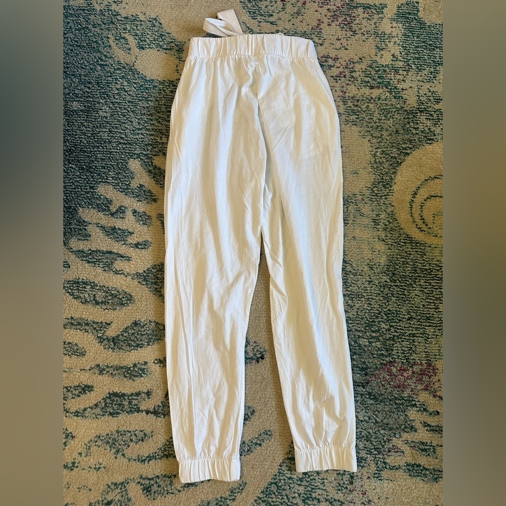 Zara High Waisted White Cotton Cropped Tie Top Joggers - Picture 3 of 6
